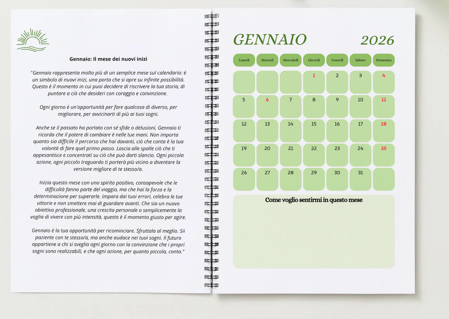 Contenuto Digitale - Planner Agenda Settimanale Mensile 2026 con Calendario - Organizza il Tuo Anno con Obiettivi, Note, Intuizioni - Lingua Italiano