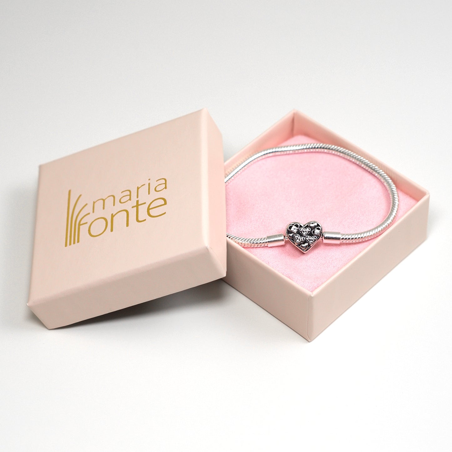 MariaFonte Bracciale Flessibile con Clip a Cuore e con Cuoricini Zirconia in Argento 925 Compatibile con Charm Pandora