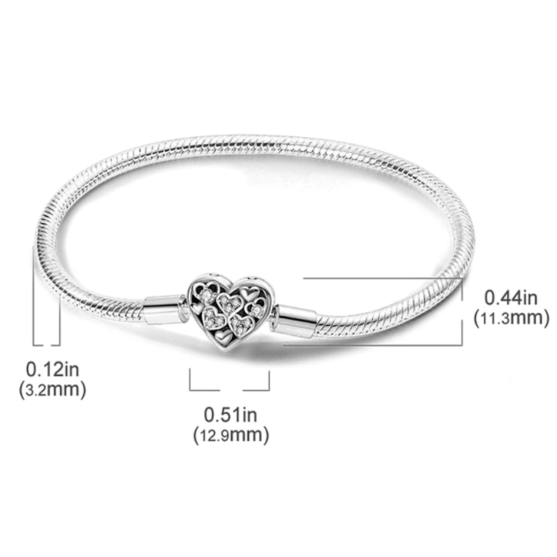 MariaFonte Bracciale Flessibile con Clip a Cuore e con Cuoricini Zirconia in Argento 925 Compatibile con Charm Pandora