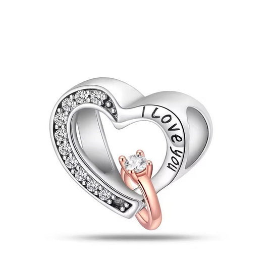 Maria Fonte Bead Charm Cuore 'I love you' con Anello Rosa Zirconia Compatibile con Collane e Bracciali Pandora