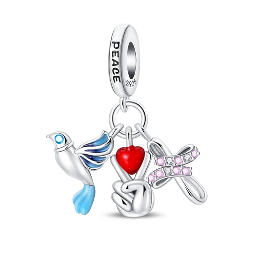 MariaFonte Triplo Charm Peace Colomba Croce Pace in Argento Compatibile con Tutti i Bracciali e Collane