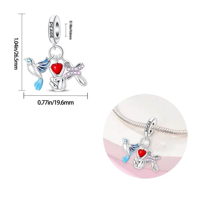 MariaFonte Triplo Charm Peace Colomba Croce Pace in Argento Compatibile con Tutti i Bracciali e Collane
