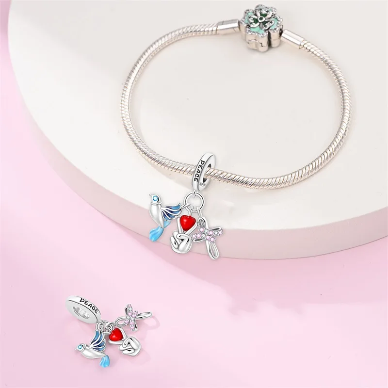 MariaFonte Triplo Charm Peace Colomba Croce Pace in Argento Compatibile con Tutti i Bracciali e Collane
