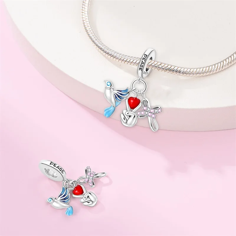 MariaFonte Triplo Charm Peace Colomba Croce Pace in Argento Compatibile con Tutti i Bracciali e Collane