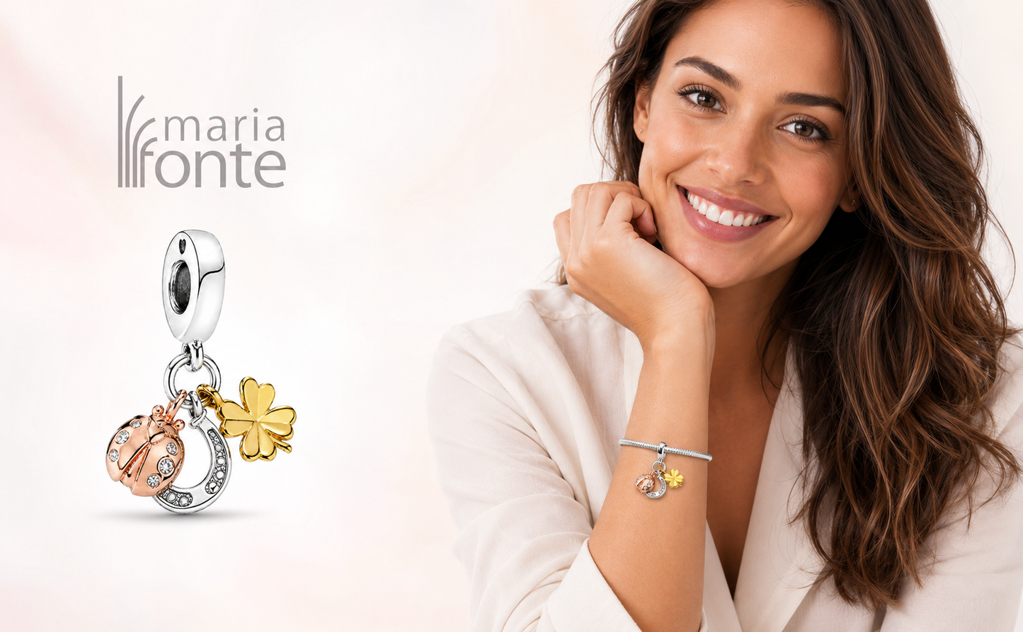 MariaFonte Charm Ciondolo Portafortuna Coccinella Quadrifoglio Ferro di Cavallo Argento 925 Zirconia Compatibile con Collane e Bracciali Pandora