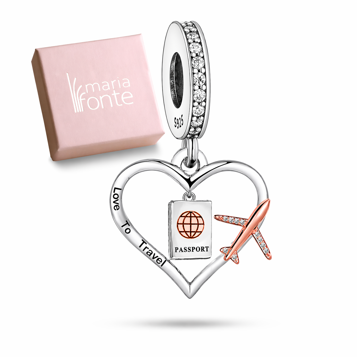 MariaFonte Charm Viaggio Ciondolo Love To Travel in Argento 925 con Zirconia Compatibile con Collane e Bracciali