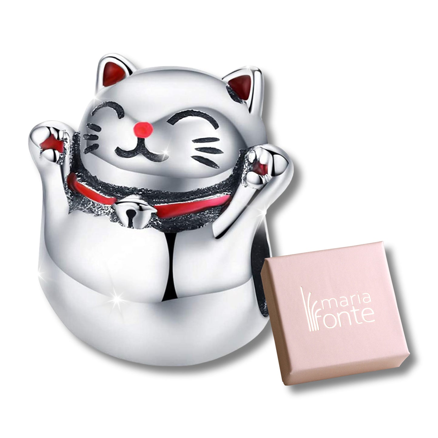 Maria Fonte-Bead Charm Ciondolo Gatto Giapponese Portafortuna (Maneki Neko) in Argento 925 Compatibile con Collane e Bracciali Pandora
