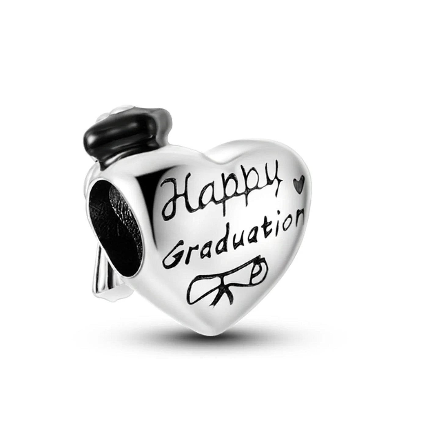 Maria Fonte Bead Charm Cuore Laurea 'Happy Graduation' Diploma Pergamena Cappello ' Congrats' Argento 925 Compatibile con Collane e Bracciali Pandora