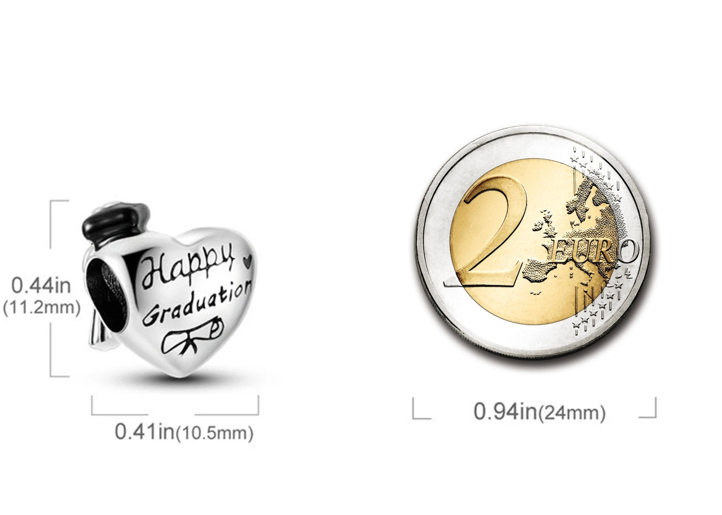 Maria Fonte Bead Charm Cuore Laurea 'Happy Graduation' Diploma Pergamena Cappello ' Congrats' Argento 925 Compatibile con Collane e Bracciali Pandora