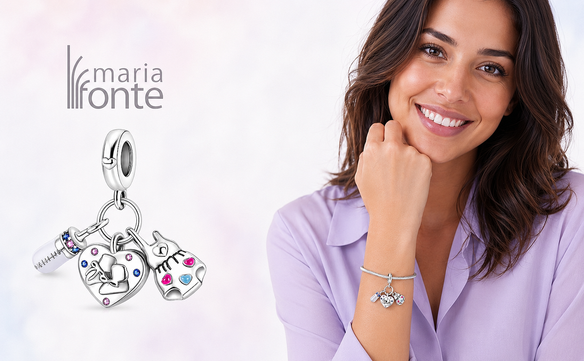 MariaFonte Bead Charm Cuore Scarpette Biberon Body Bambini Argento 925 Zirconia Compatibile con Collane e Bracciali Pandora