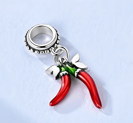 MariaFonte Charm Ciondolo Pendente Portafortuna Corno Cornetto Doppio Peperoncino Rosso  Argento 925 Compatibile con Collane e Bracciali Pandora