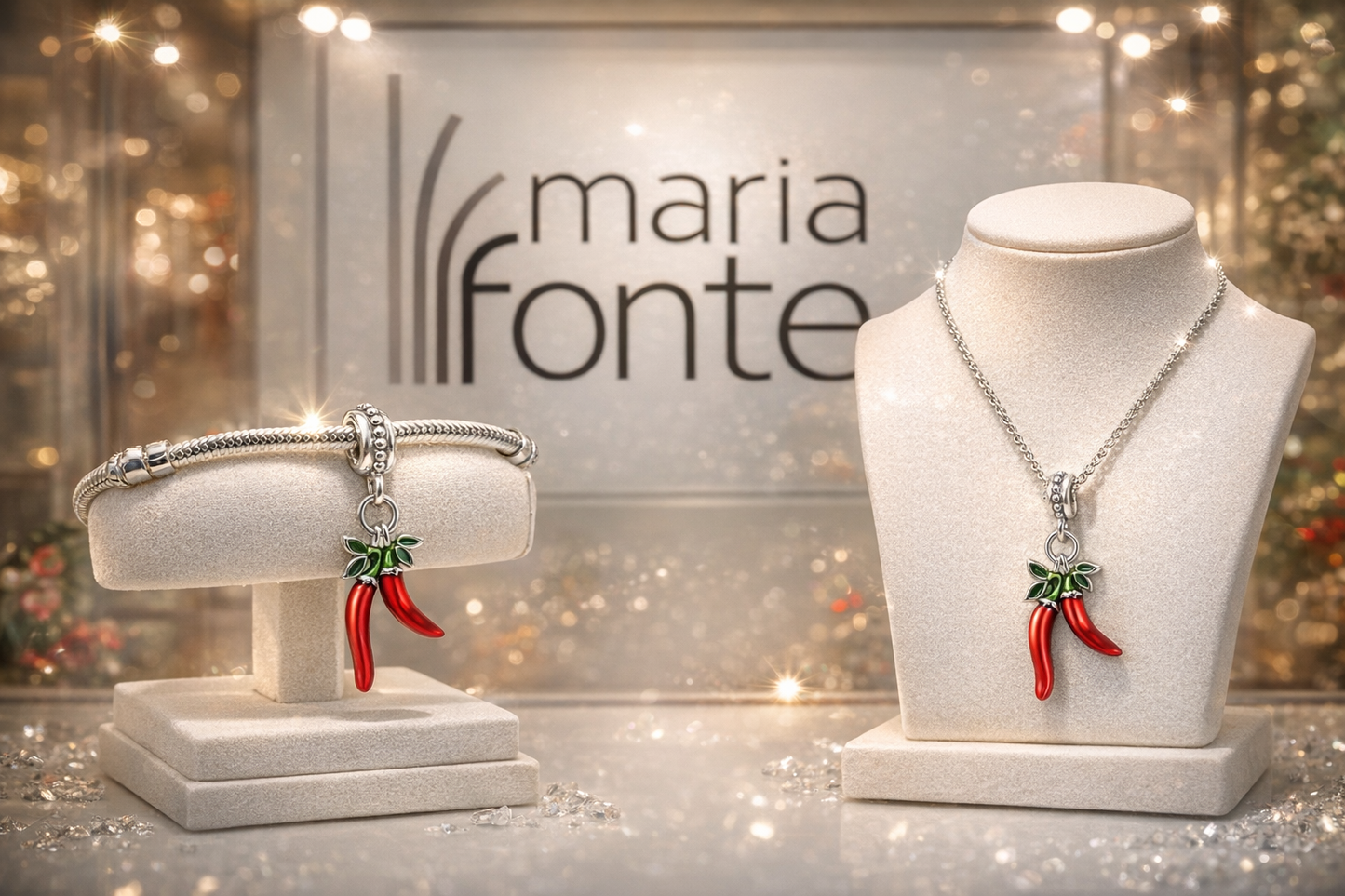 MariaFonte Charm Ciondolo Pendente Portafortuna Corno Cornetto Doppio Peperoncino Rosso Argento 925 Compatibile con Collane e Bracciali Pandora