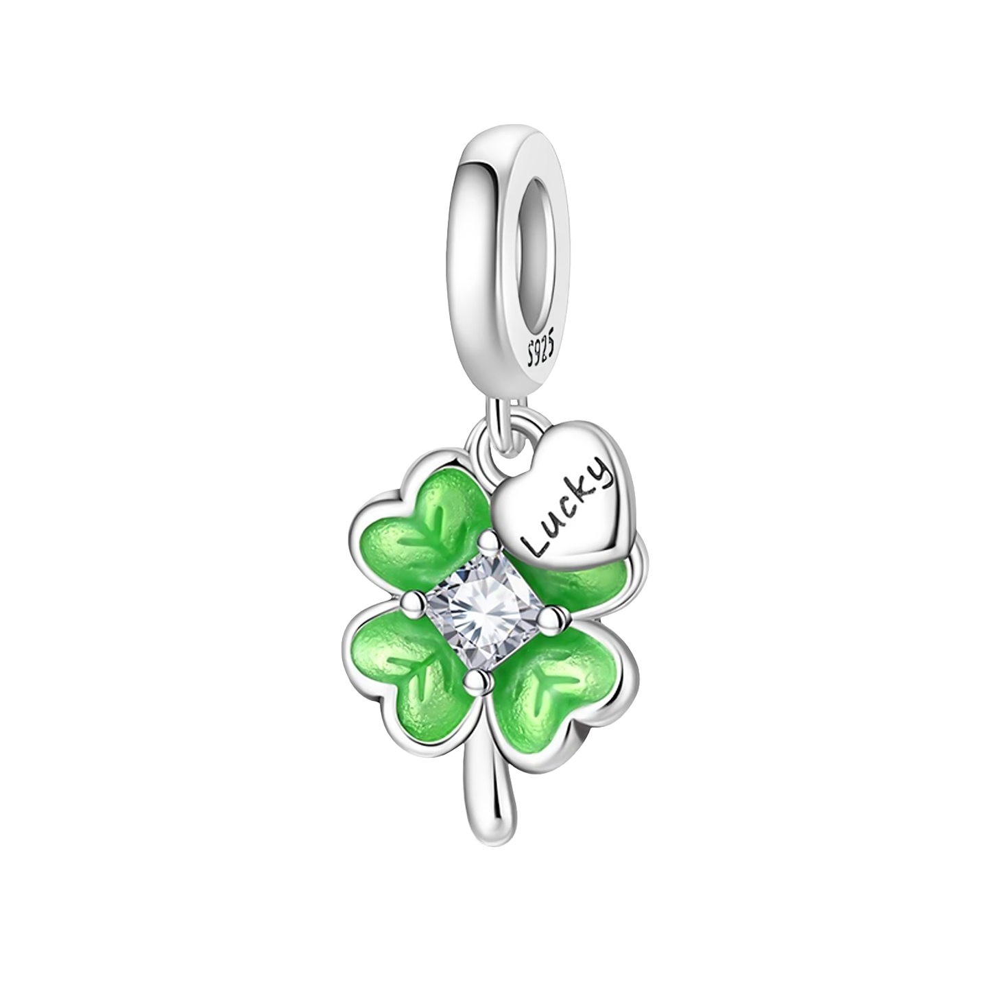 MariaFonte Bead Charm Quadrifoglio Verde Portafortuna Cuore 'lucky' in Argento Compatibile