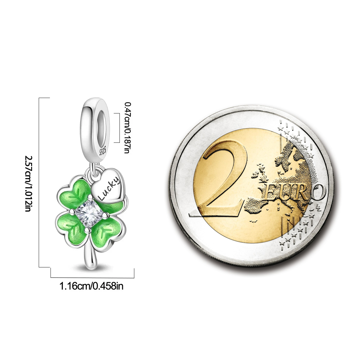MariaFonte Bead Charm Quadrifoglio Verde Portafortuna Cuore 'lucky' in Argento Compatibile