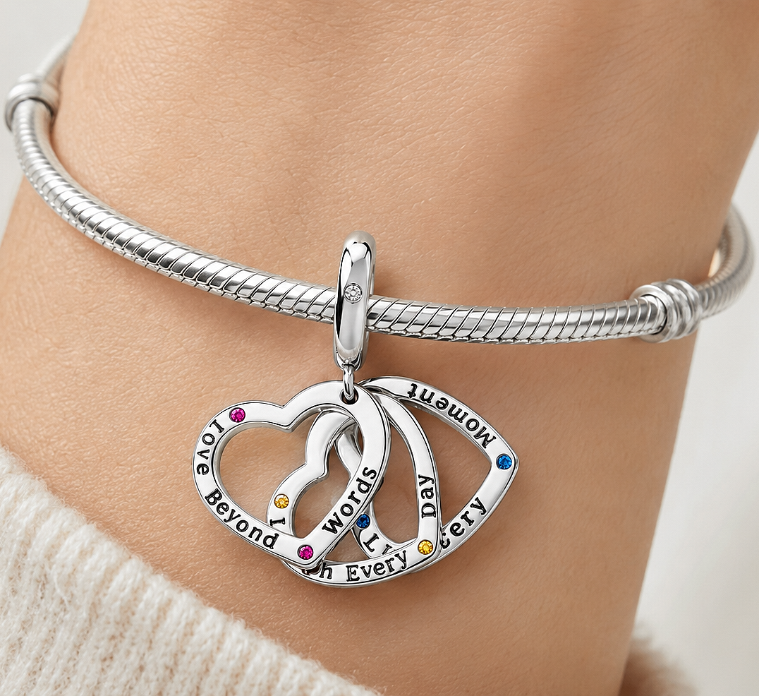 Maria Fonte Bead Charm Cuore Triplo in Argento 925 con Zirconia Compatibile con Collane e Bracciali Pandora