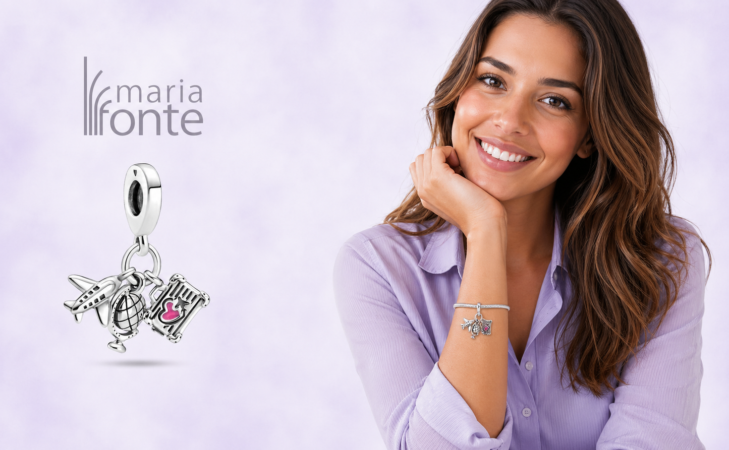 MariaFonte Charm Ciondolo Aereo Mappamondo Valigia Viaggio Argento 925 con Zirconia Compatibile con Collane e Bracciali