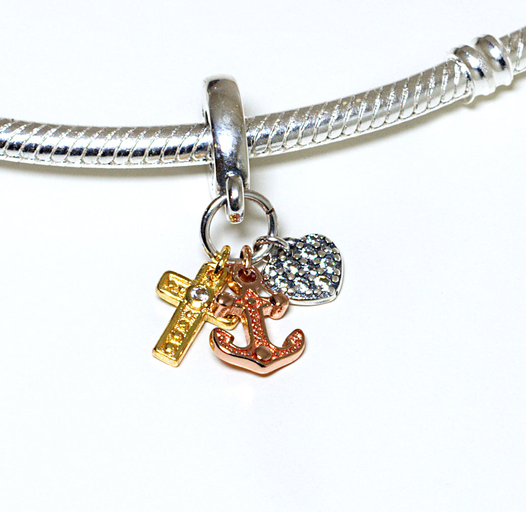 MariaFonte Bead Charm Pendente Tricolore Croce Cuore Ancora in Argento 925 Compatibile con Collane e Bracciali Pandora