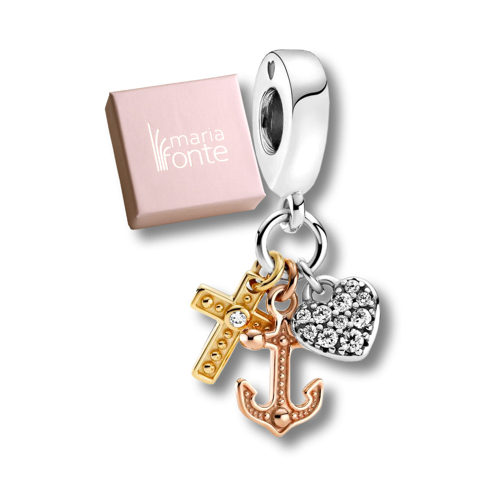 MariaFonte Bead Charm Pendente Tricolore Croce Cuore Ancora in Argento 925 Compatibile con Collane e Bracciali Pandora