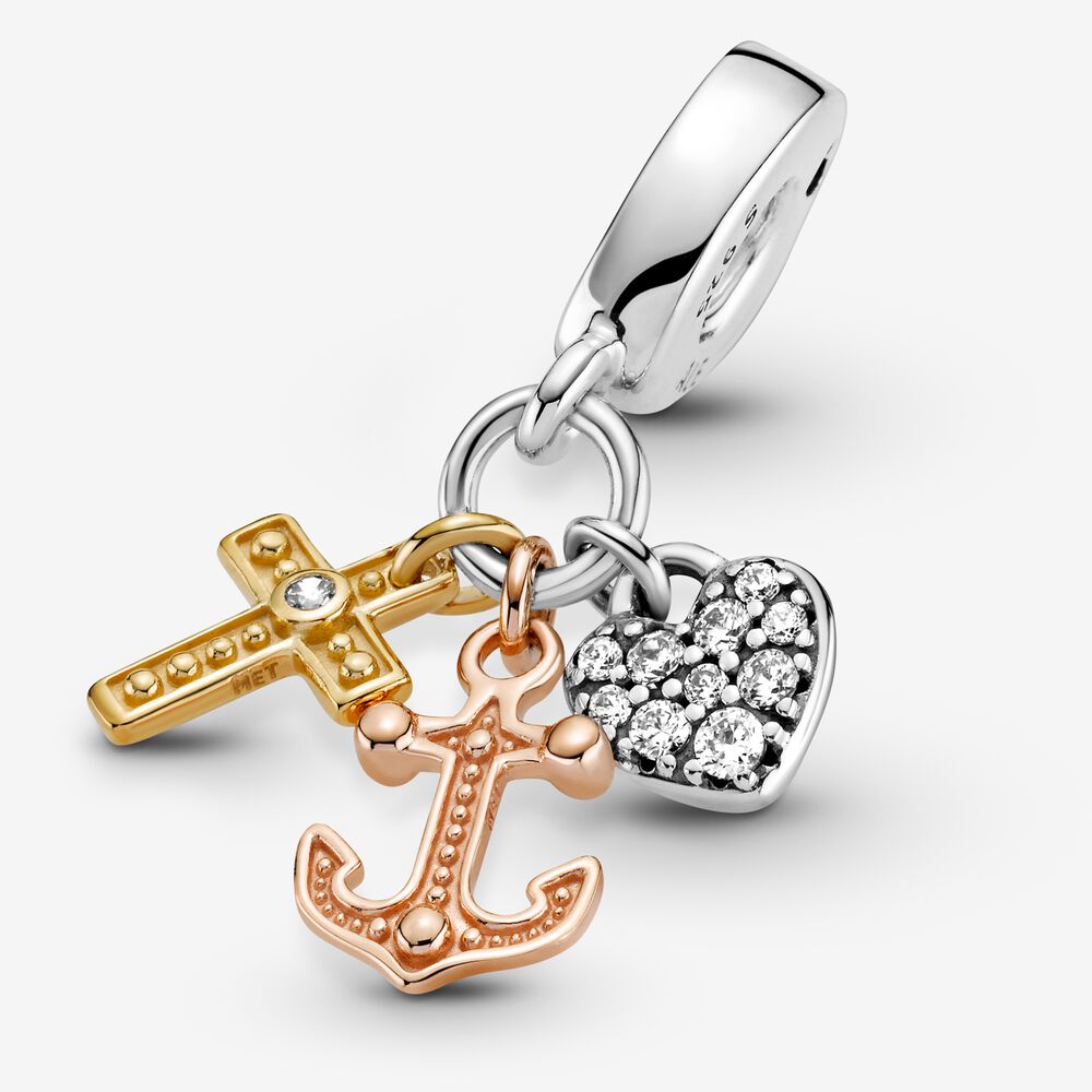 MariaFonte Bead Charm Pendente Tricolore Croce Cuore Ancora in Argento 925 Compatibile con Collane e Bracciali Pandora