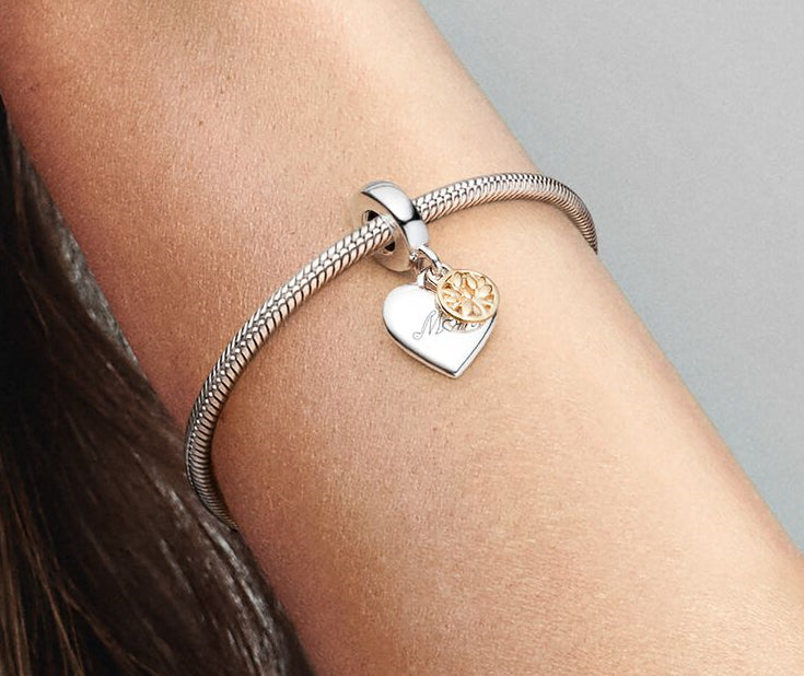 MariaFonte Charm Albero della Famiglia Cuore You are the heart of our Family (sei il cuore della nostra famiglia) Argento 925 Oro 14K Compatibile con Collane e Bracciali Pandora