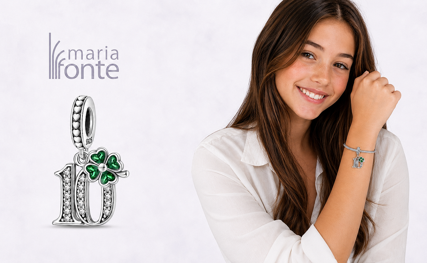 MariaFonte Charm 10 Anni Quadrifoglio Verde Ciondolo Argento Compatibile con Collane e Bracciali