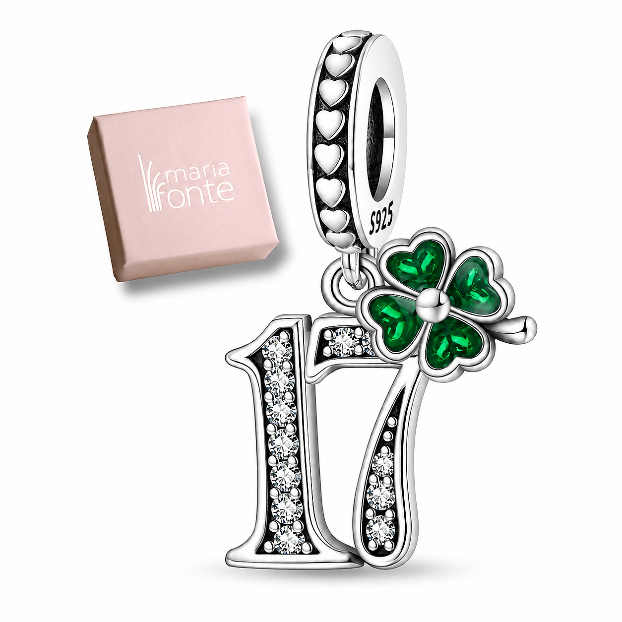 MariaFonte Charm 17 Anni Quadrifoglio Verde Ciondolo Argento Compatibile con Collane e Bracciali