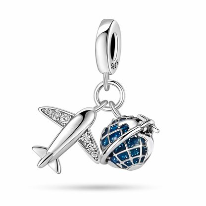 MariaFonte Charm Ciondolo Aereo Mappamodno Viaggio Argento 925 con Zirconia Compatibile con Collane e Bracciali