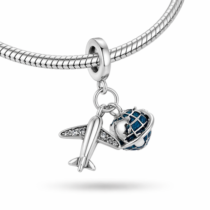 MariaFonte Charm Ciondolo Aereo Mappamodno Viaggio Argento 925 con Zirconia Compatibile con Collane e Bracciali