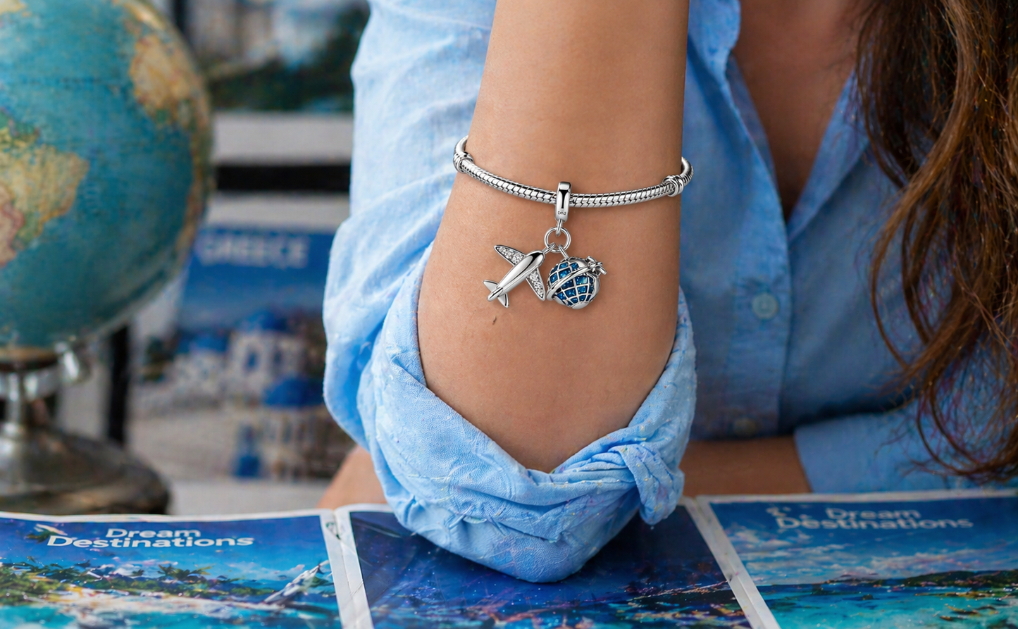 MariaFonte Charm Ciondolo Aereo Mappamodno Viaggio Argento 925 con Zirconia Compatibile con Collane e Bracciali