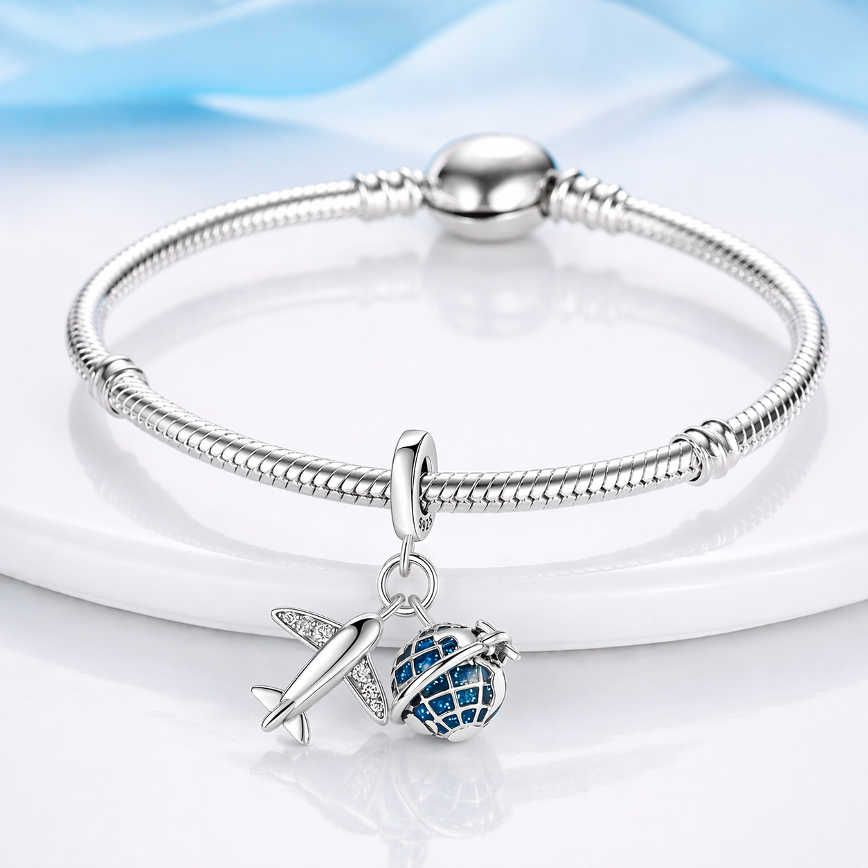 MariaFonte Charm Ciondolo Aereo Mappamodno Viaggio Argento 925 con Zirconia Compatibile con Collane e Bracciali