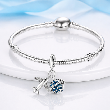 MariaFonte Charm Ciondolo Aereo Mappamodno Viaggio Argento 925 con Zirconia Compatibile con Collane e Bracciali