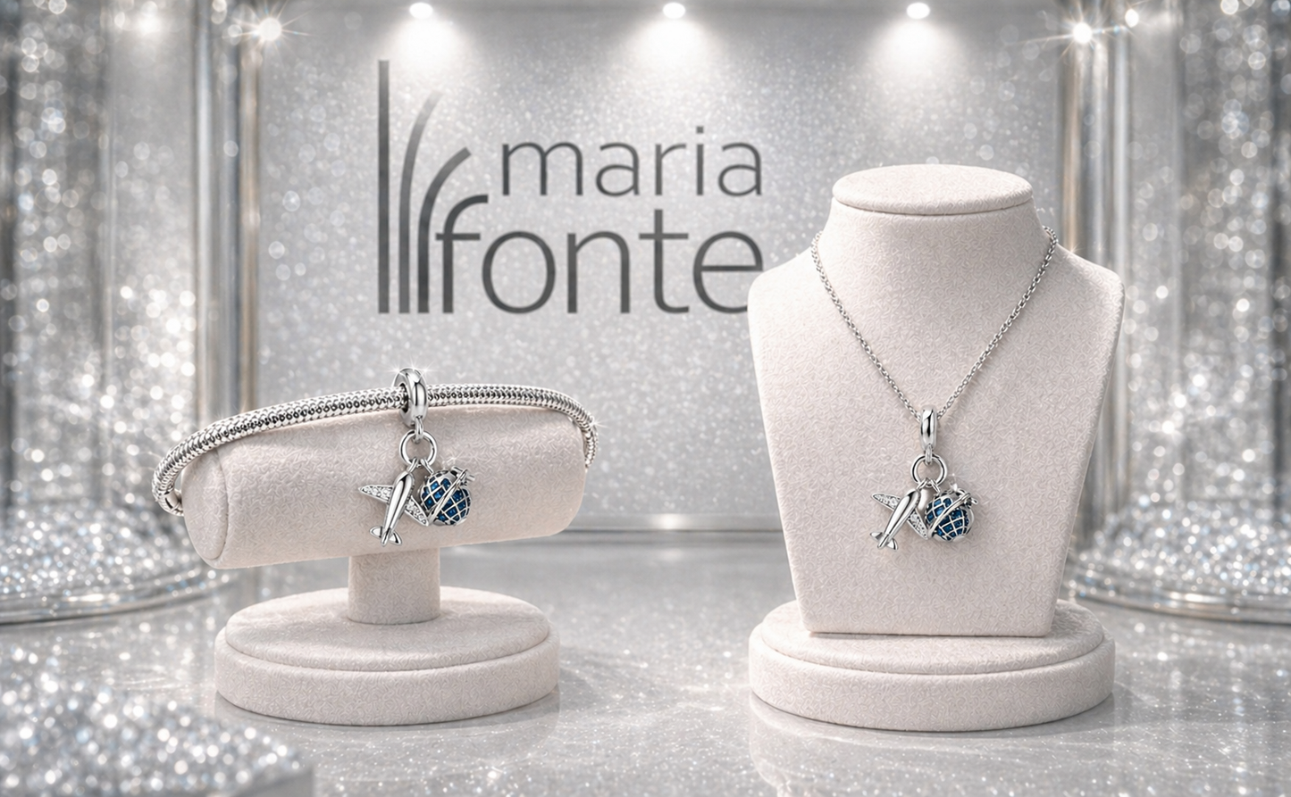 MariaFonte Charm Ciondolo Aereo Mappamodno Viaggio Argento 925 con Zirconia Compatibile con Collane e Bracciali