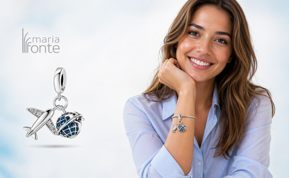 MariaFonte Charm Ciondolo Aereo Mappamodno Viaggio Argento 925 con Zirconia Compatibile con Collane e Bracciali