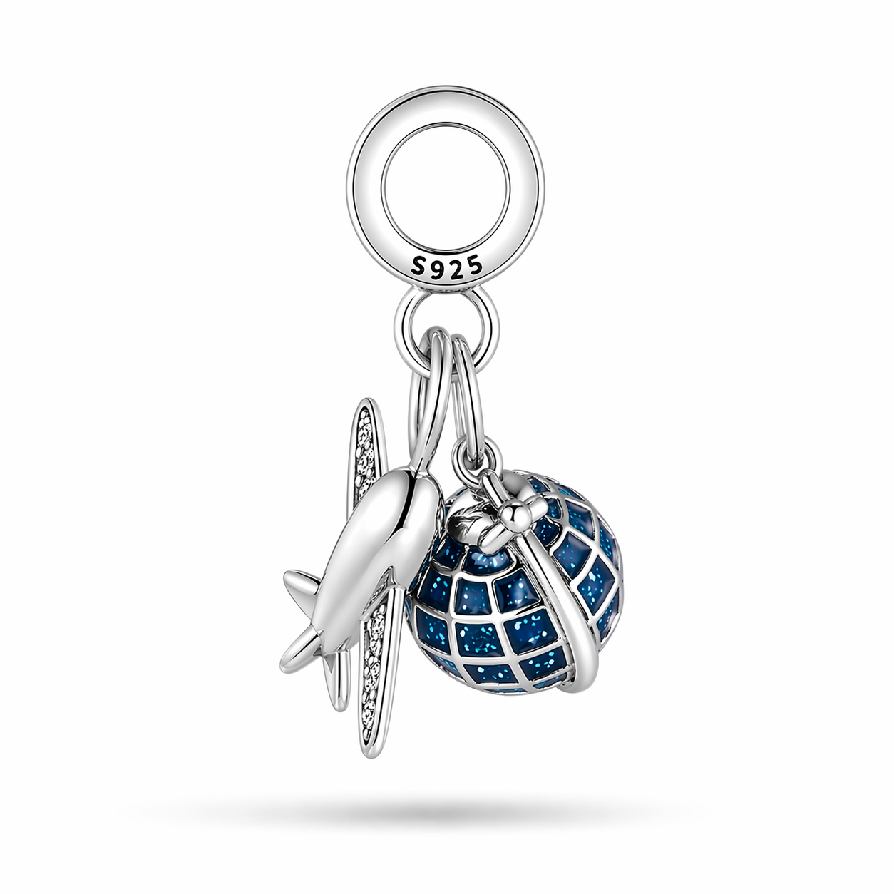 MariaFonte Charm Ciondolo Aereo Mappamodno Viaggio Argento 925 con Zirconia Compatibile con Collane e Bracciali