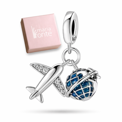 MariaFonte Charm Ciondolo Aereo Mappamodno Viaggio Argento 925 con Zirconia Compatibile con Collane e Bracciali