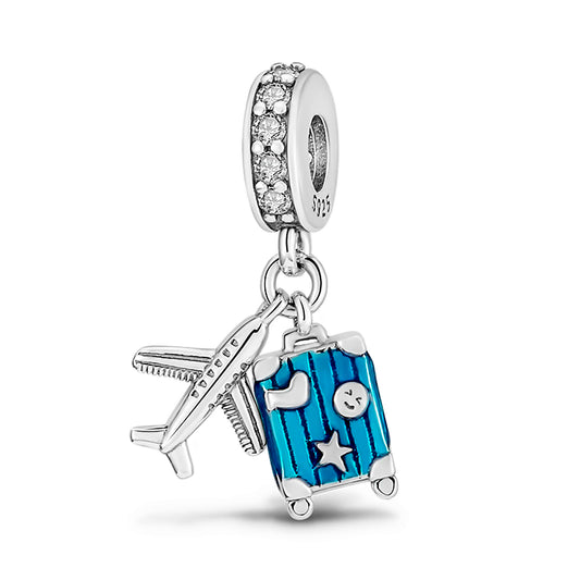 MariaFonte Charm Ciondolo Aereo Trolley Valigia Viaggio Argento 925 con Zirconia Compatibile con Collane e Bracciali