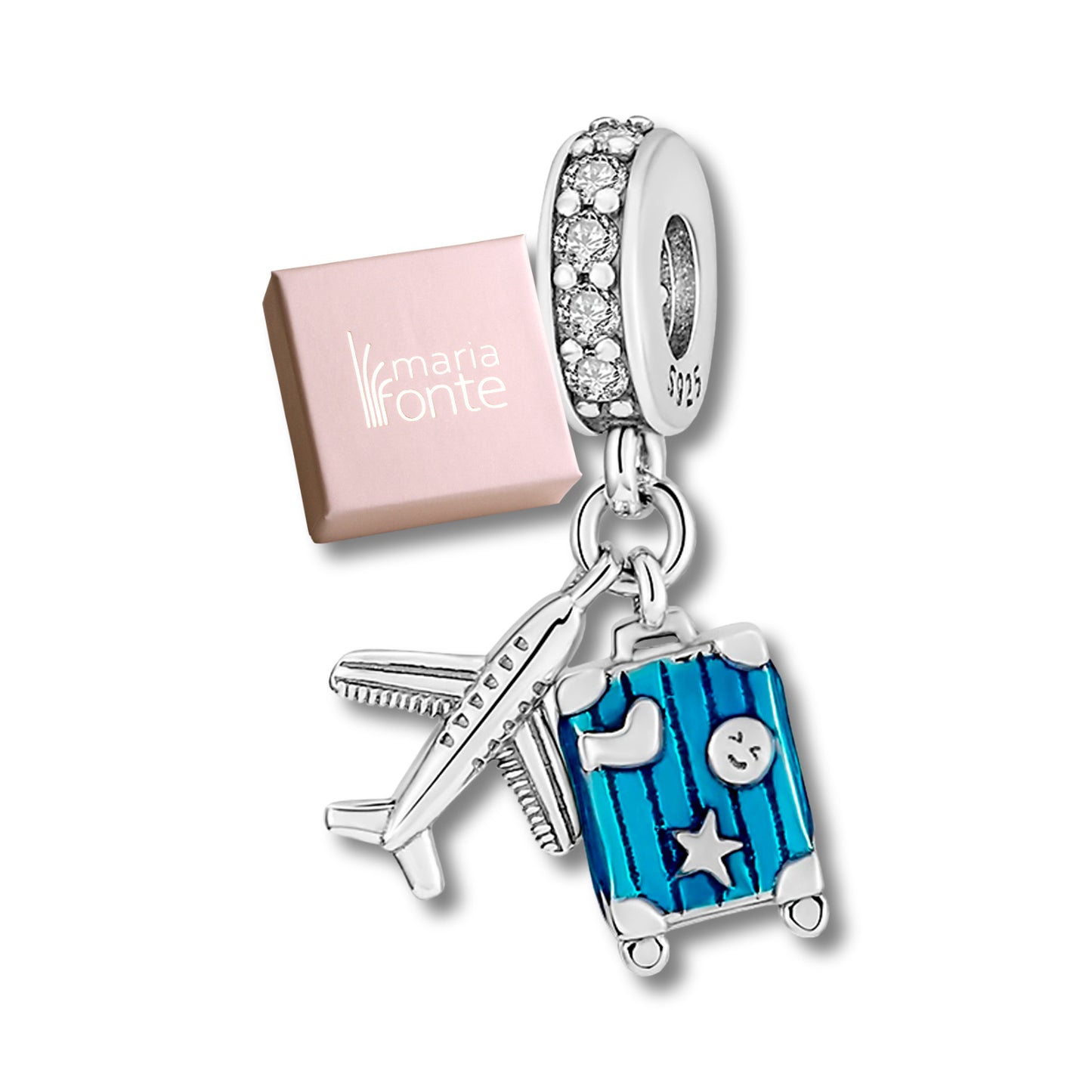 MariaFonte Charm Ciondolo Aereo Trolley Valigia Viaggio Argento 925 con Zirconia Compatibile con Collane e Bracciali