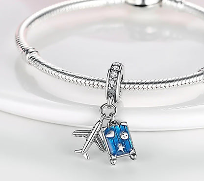 MariaFonte Charm Ciondolo Aereo Trolley Valigia Viaggio Argento 925 con Zirconia Compatibile con Collane e Bracciali