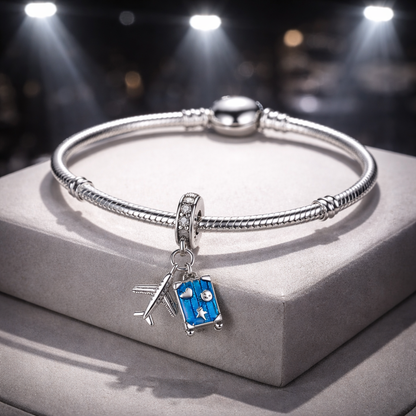 MariaFonte Charm Ciondolo Aereo Trolley Valigia Viaggio Argento 925 con Zirconia Compatibile con Collane e Bracciali