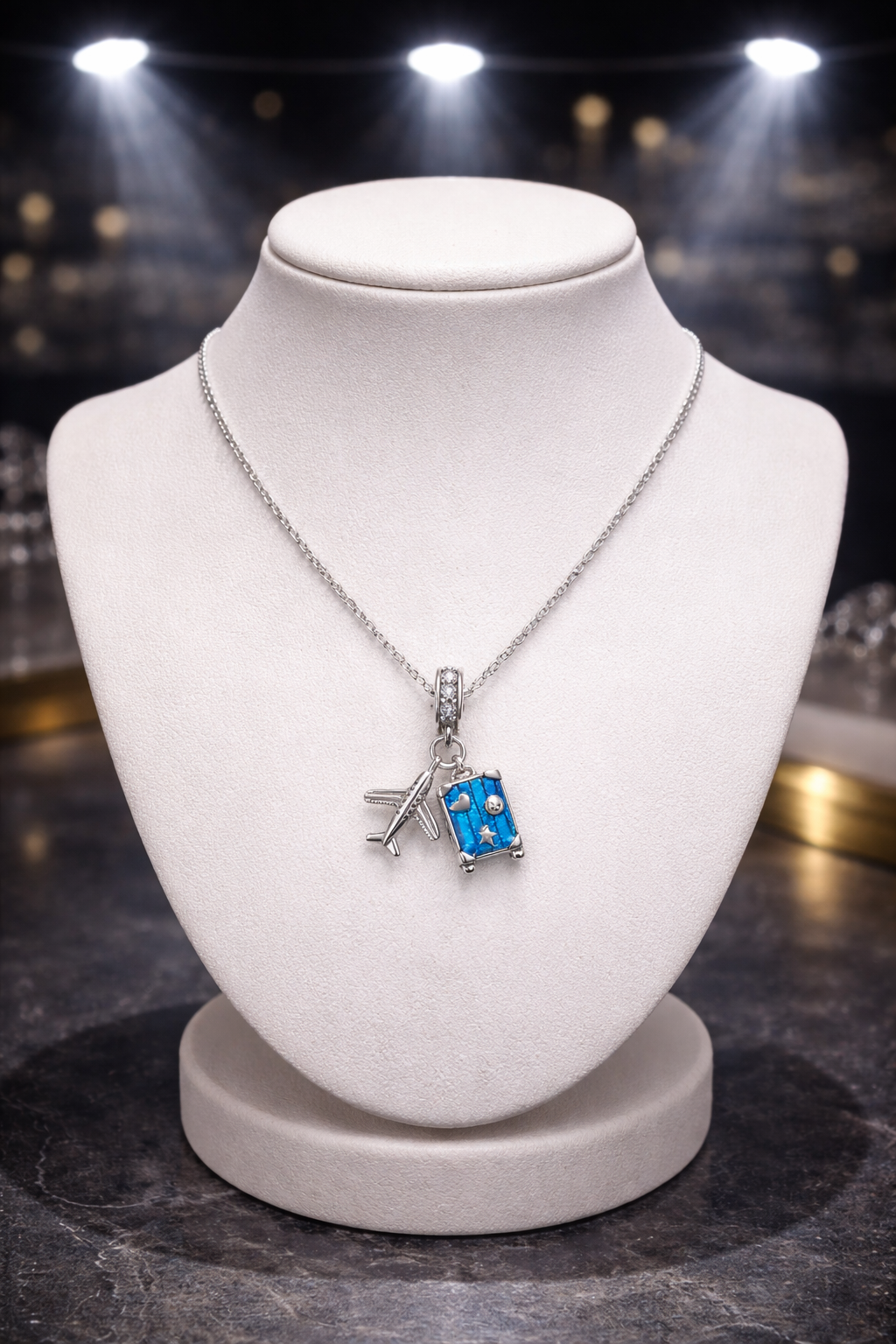 MariaFonte Charm Ciondolo Aereo Trolley Valigia Viaggio Argento 925 con Zirconia Compatibile con Collane e Bracciali
