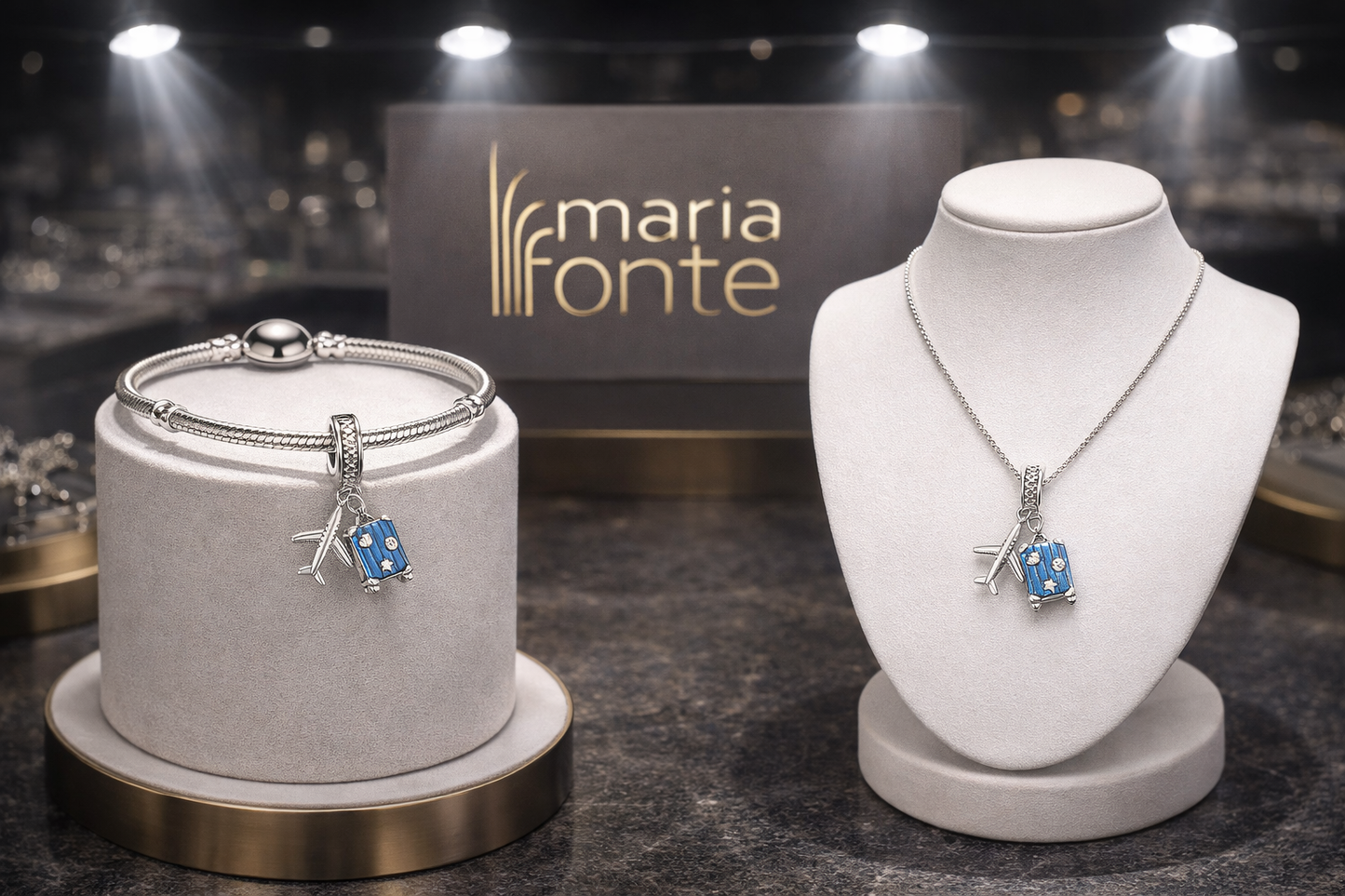 MariaFonte Charm Ciondolo Aereo Trolley Valigia Viaggio Argento 925 con Zirconia Compatibile con Collane e Bracciali