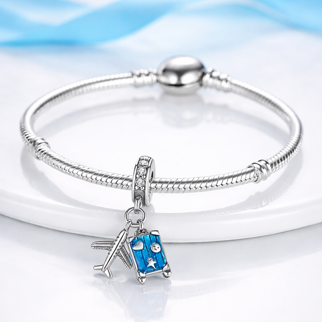 MariaFonte Charm Ciondolo Aereo Trolley Valigia Viaggio Argento 925 con Zirconia Compatibile con Collane e Bracciali