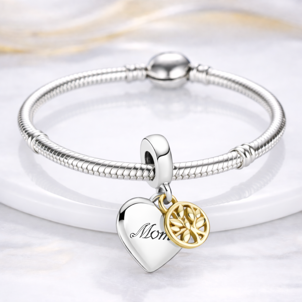 MariaFonte Charm Albero della Famiglia Cuore You are the heart of our Family (sei il cuore della nostra famiglia) Argento 925 Oro 14K Compatibile con Collane e Bracciali Pandora