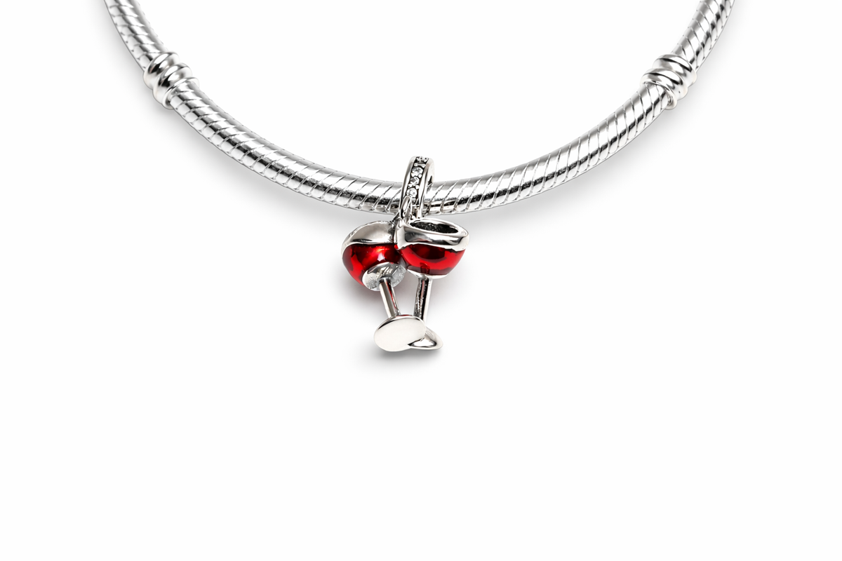 Maria Fonte Bead Charm Ciondolo Calici di Vino in Argento 925 con Zirconia Compatibile con Collane e Bracciali Pandora