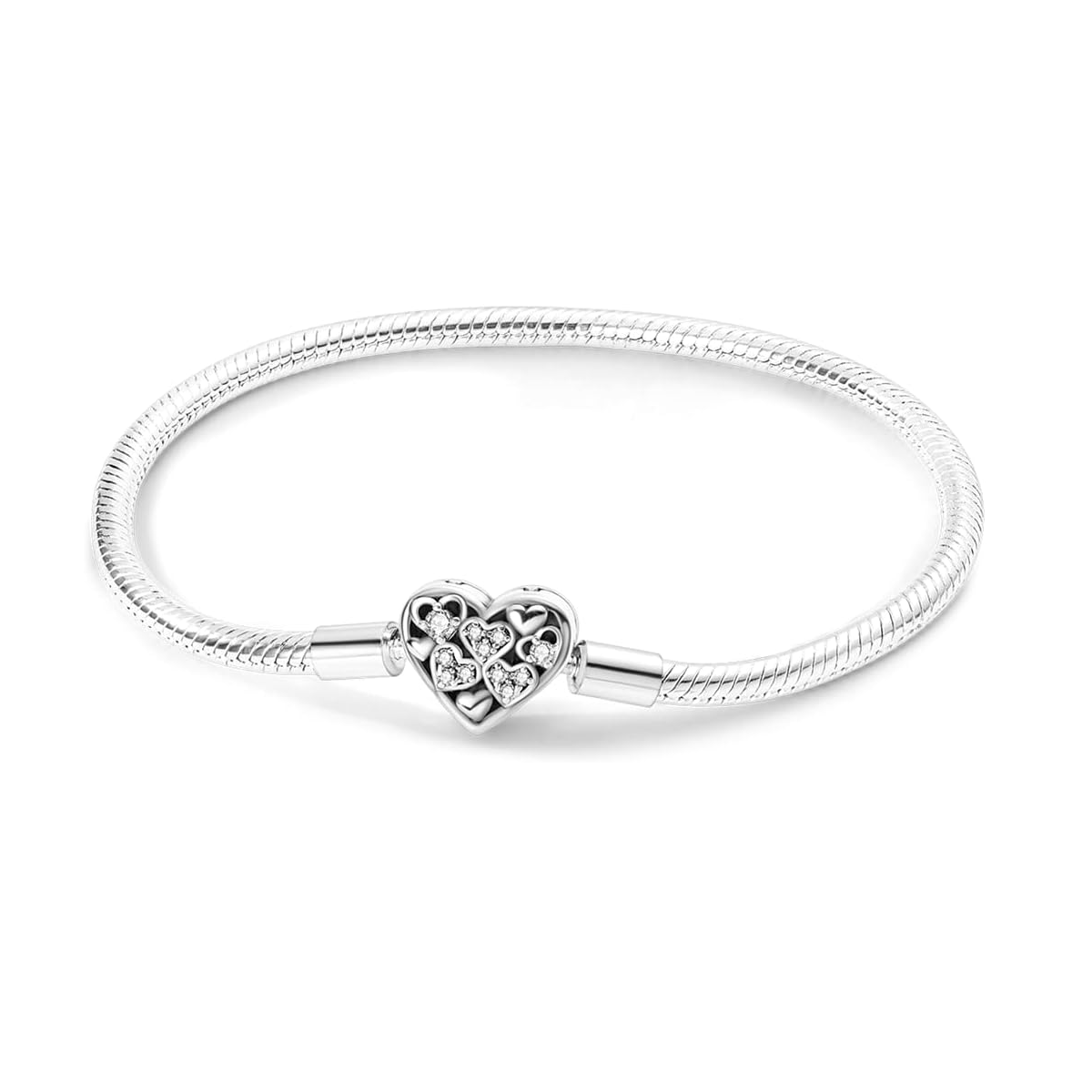 MariaFonte Bracciale Flessibile con Clip a Cuore e con Cuoricini Zirconia in Argento 925 Compatibile con Charm Pandora