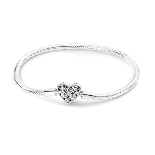 MariaFonte Bracciale Flessibile con Clip a Cuore e con Cuoricini Zirconia in Argento 925 Compatibile con Charm Pandora