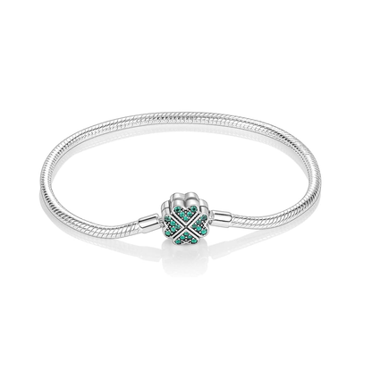 MariaFonte Bracciale Flessibile con Clip Quadrifoglio con Zirconi Verde Compatibile con Charm Pandora