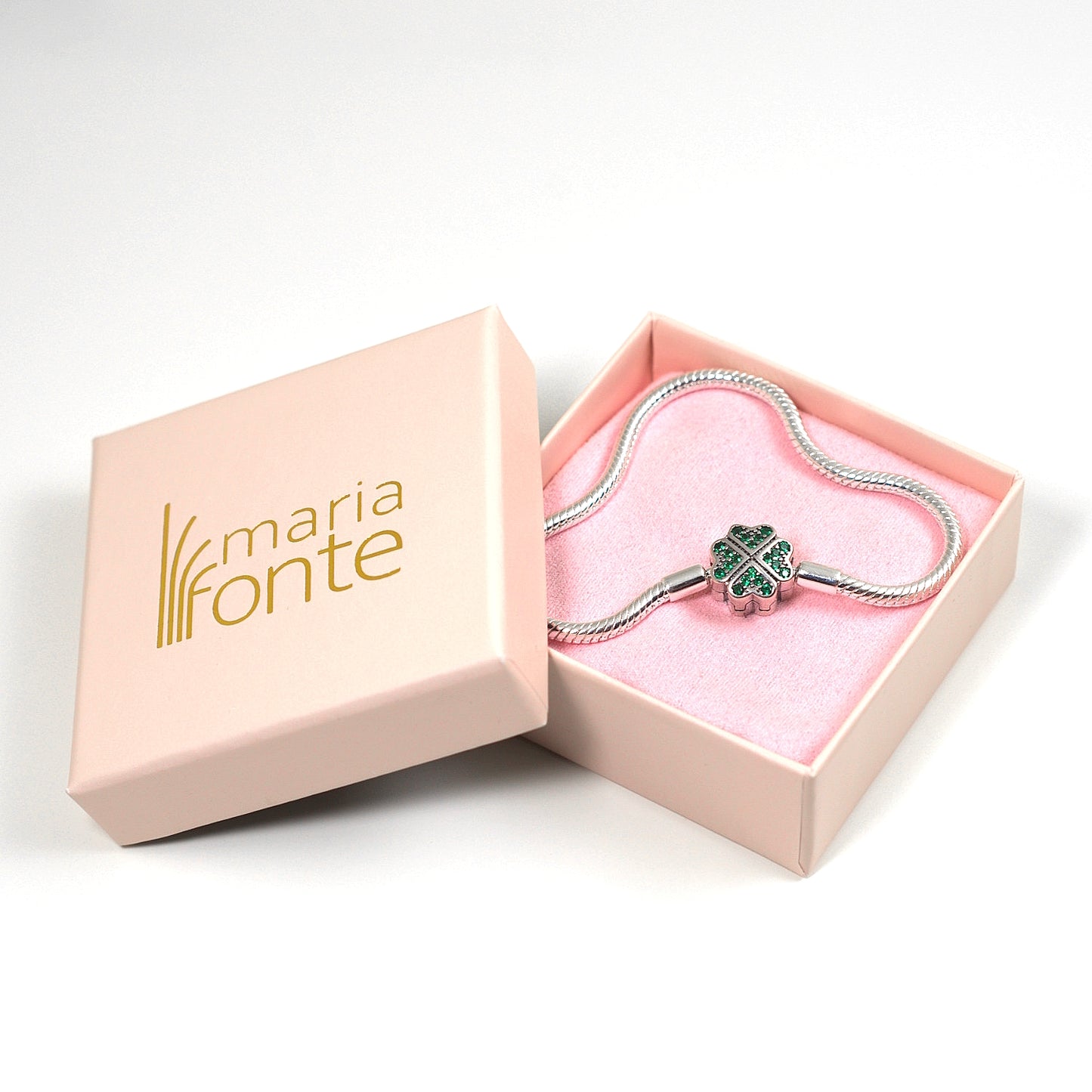 MariaFonte Bracciale Flessibile con Clip Quadrifoglio con Zirconi Verde Compatibile con Charm Pandora