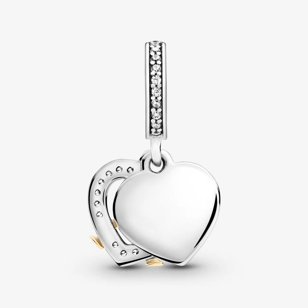 MariaFonte Bead Charm Ciondolo Doppio Cuore Buon Compleanno "Happy Anniversary" in Argento 925 Zirconia Compatibile con Collane e Bracciali Pandora