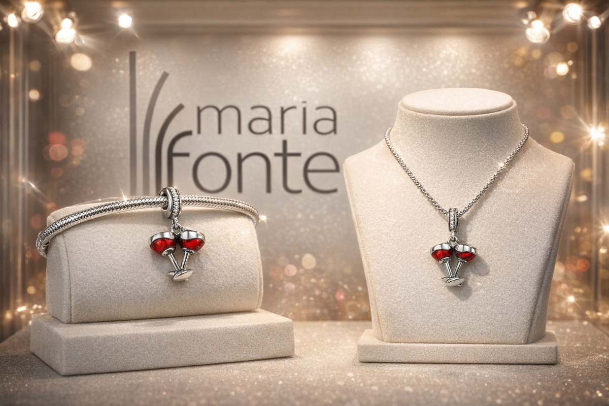 Maria Fonte Bead Charm Ciondolo Calici di Vino in Argento 925 con Zirconia Compatibile con Collane e Bracciali Pandora